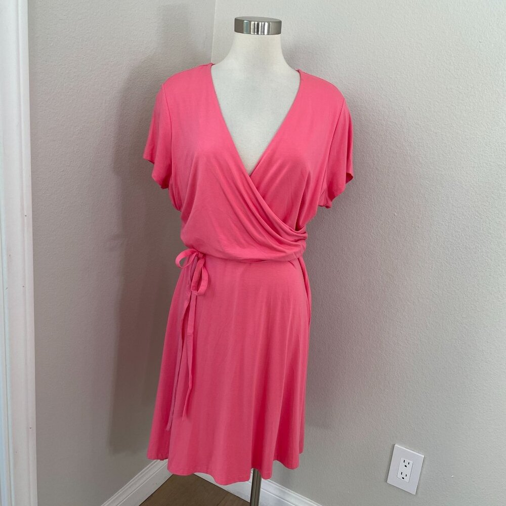 NEW Lands End Womens XL Pink Wrap Dress Short Sleeve V Neck Knee‎ Length Stretch